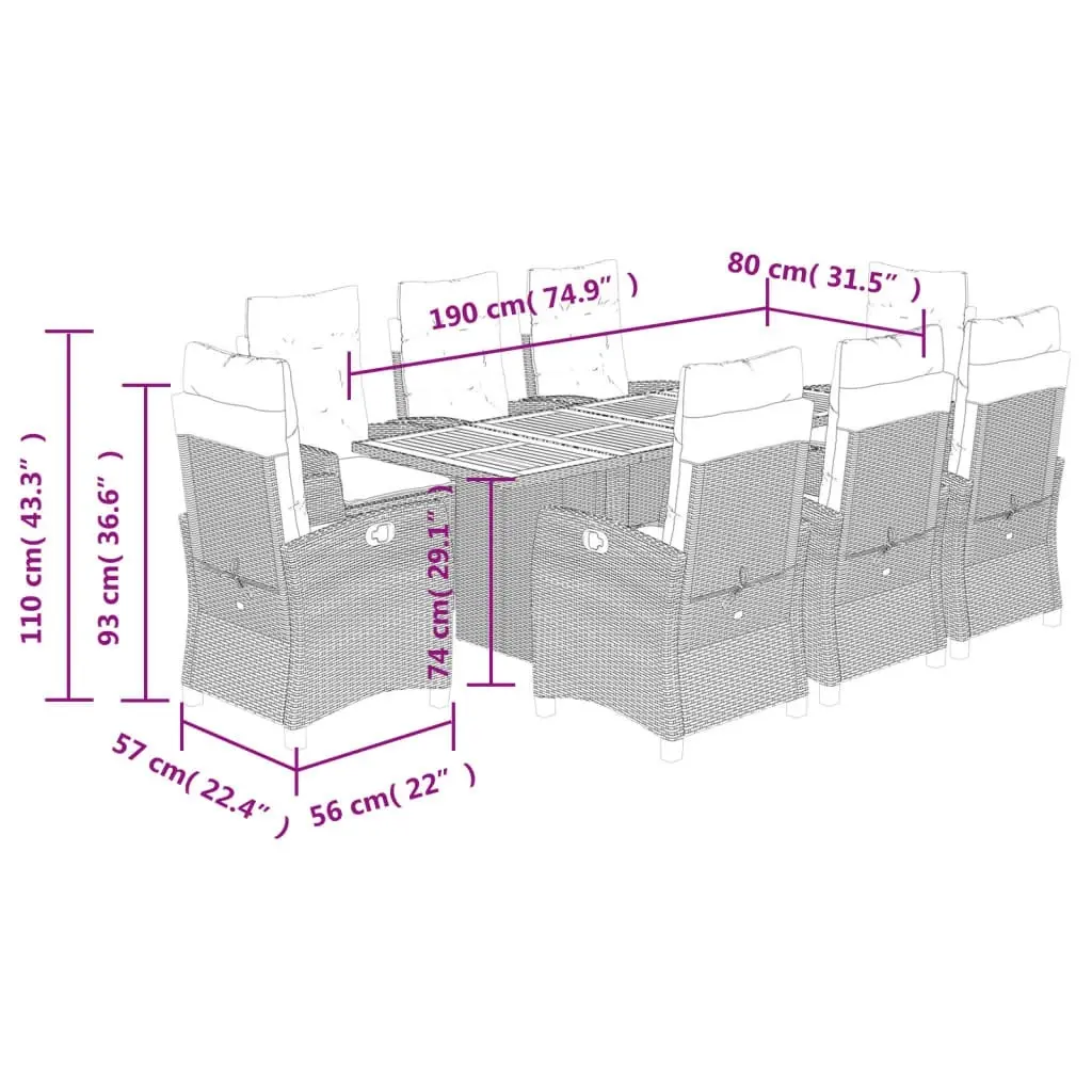 9 Piece Garden Dining Set with Cushions Black Poly Rattan 3212708