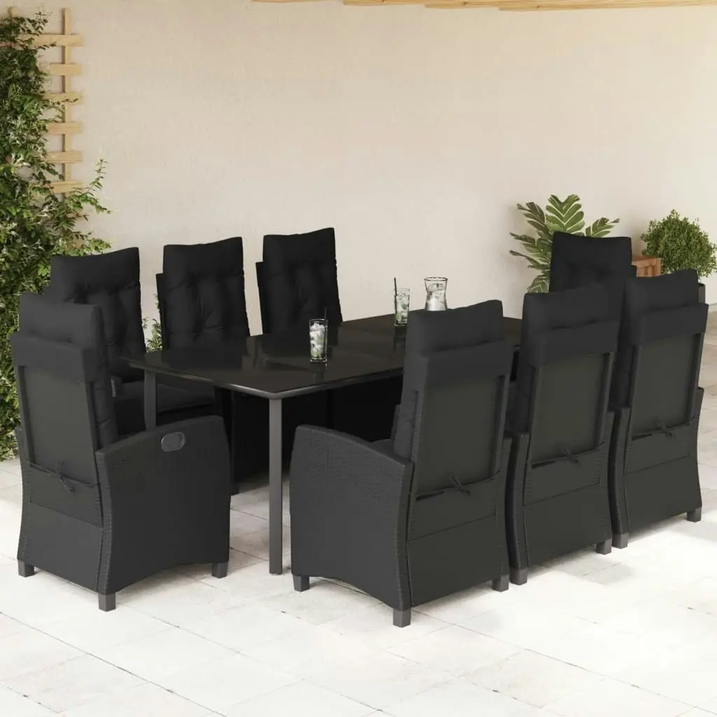 9 Piece Garden Dining Set with Cushions Black Poly Rattan 3212760