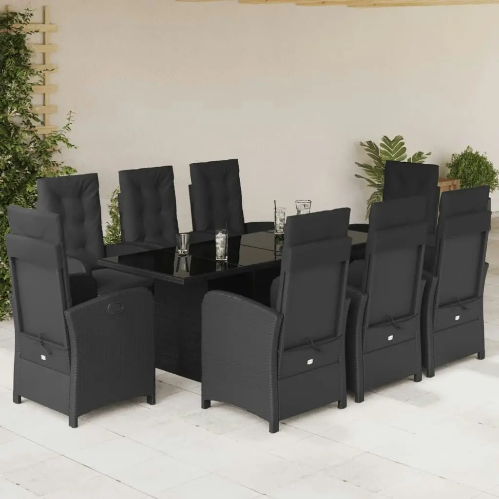 9 Piece Garden Dining Set with Cushions Black Poly Rattan 3212489