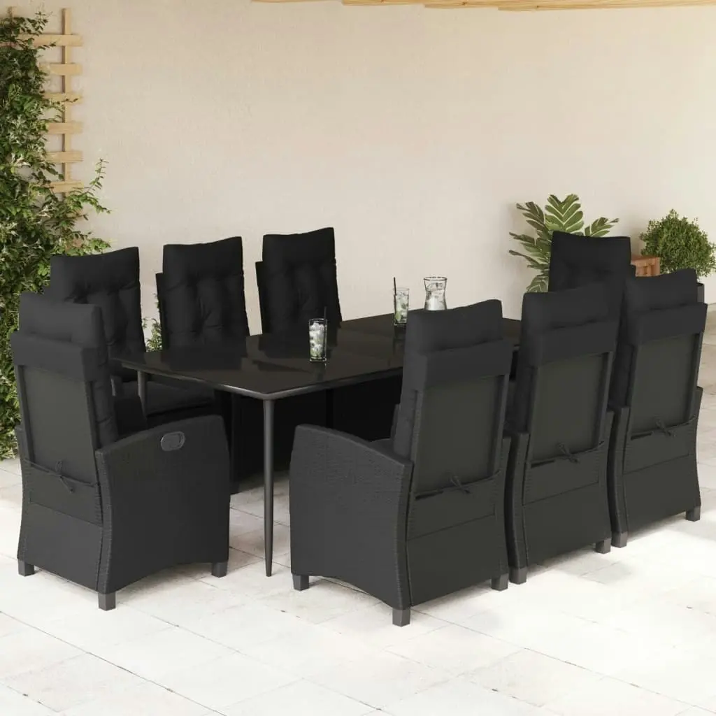 9 Piece Garden Dining Set with Cushions Black Poly Rattan 3212750