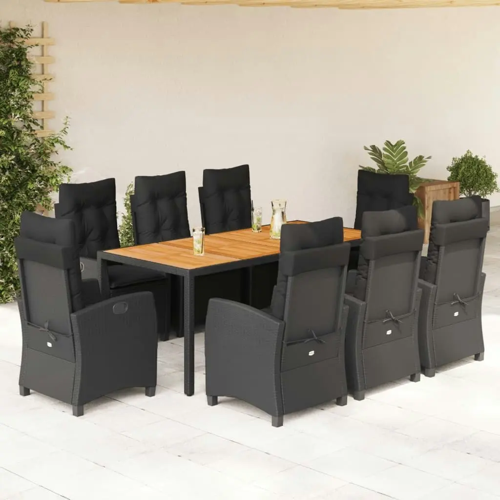 9 Piece Garden Dining Set with Cushions Black Poly Rattan 3212670