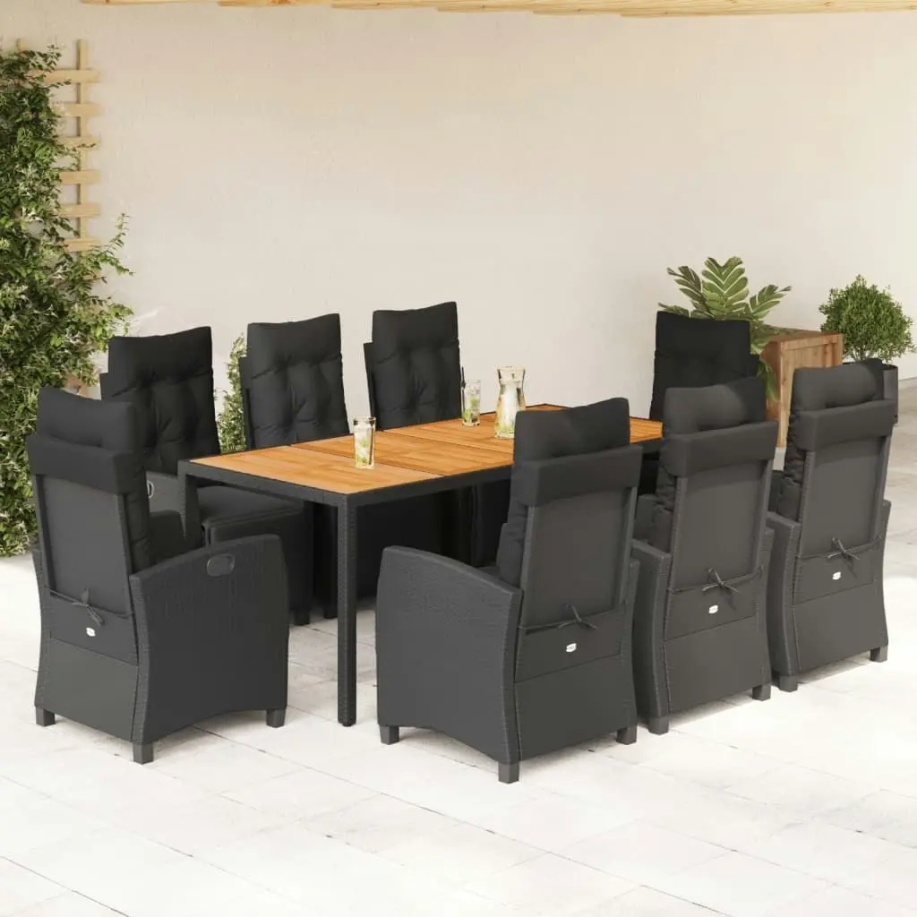 9 Piece Garden Dining Set with Cushions Black Poly Rattan 3212911