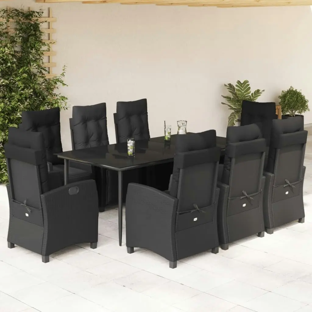 9 Piece Garden Dining Set with Cushions Black Poly Rattan 3212966