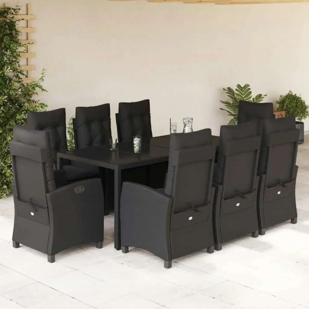 9 Piece Garden Dining Set with Cushions Black Poly Rattan 3212643