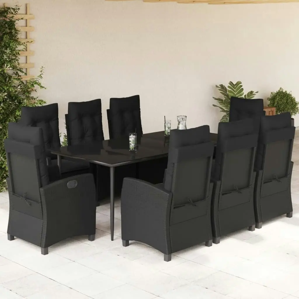 9 Piece Garden Dining Set with Cushions Black Poly Rattan 3212751