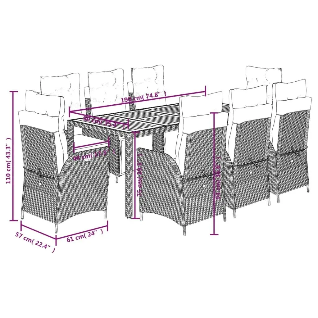 9 Piece Garden Dining Set with Cushions Black Poly Rattan 3213101