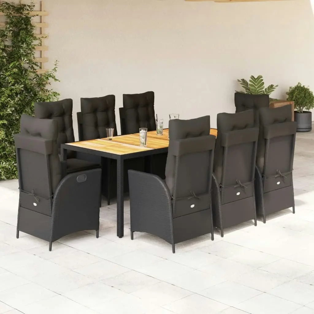 9 Piece Garden Dining Set with Cushions Black Poly Rattan 3213101