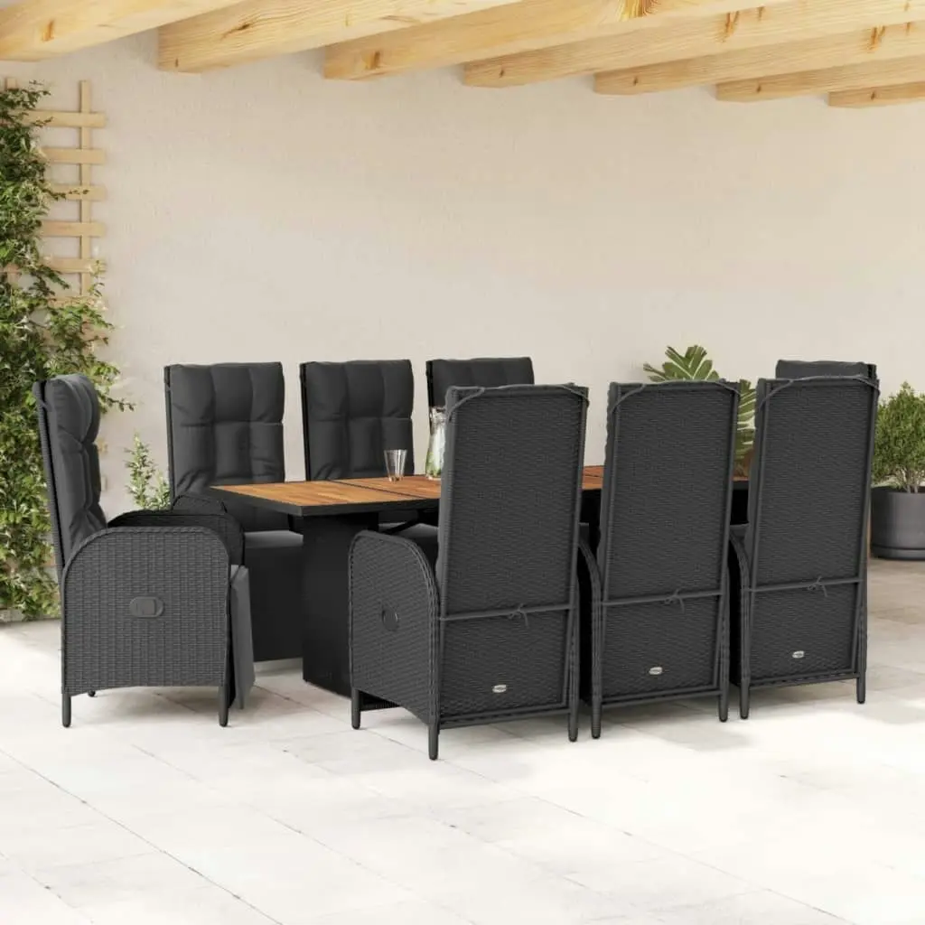 9 Piece Garden Dining Set with Cushions Black Poly Rattan 3213521