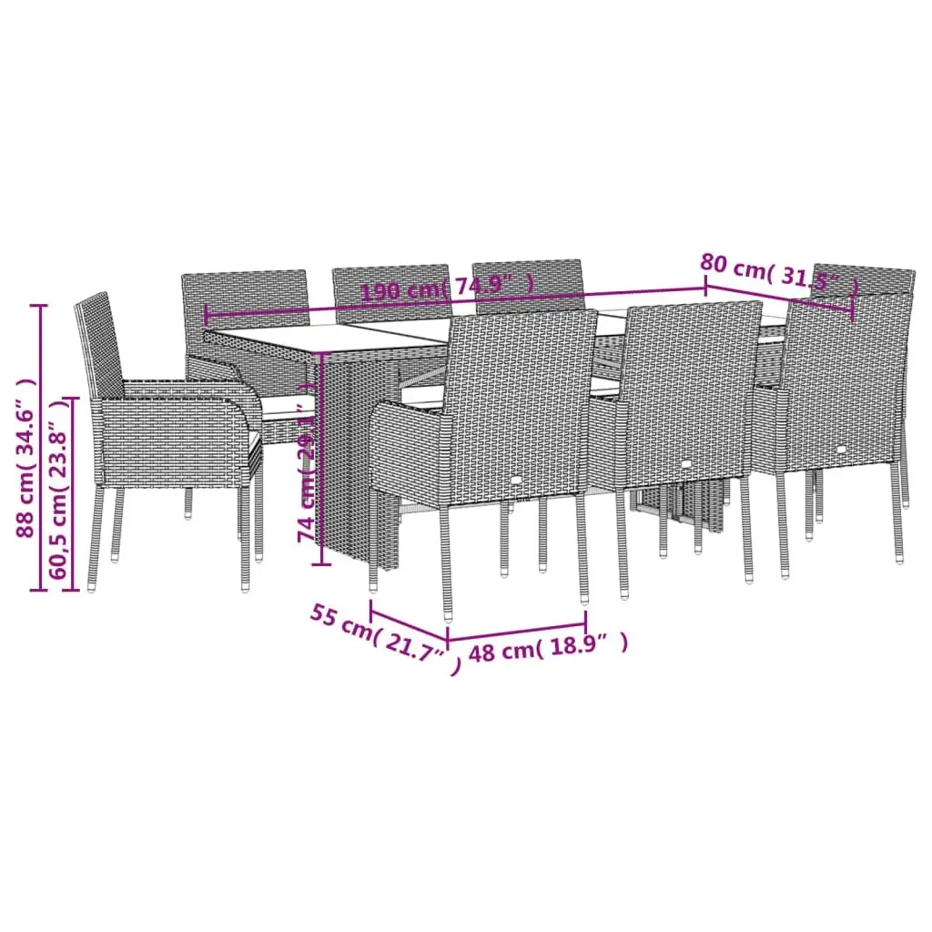 9 Piece Garden Dining Set with Cushions Black Poly Rattan 3213511