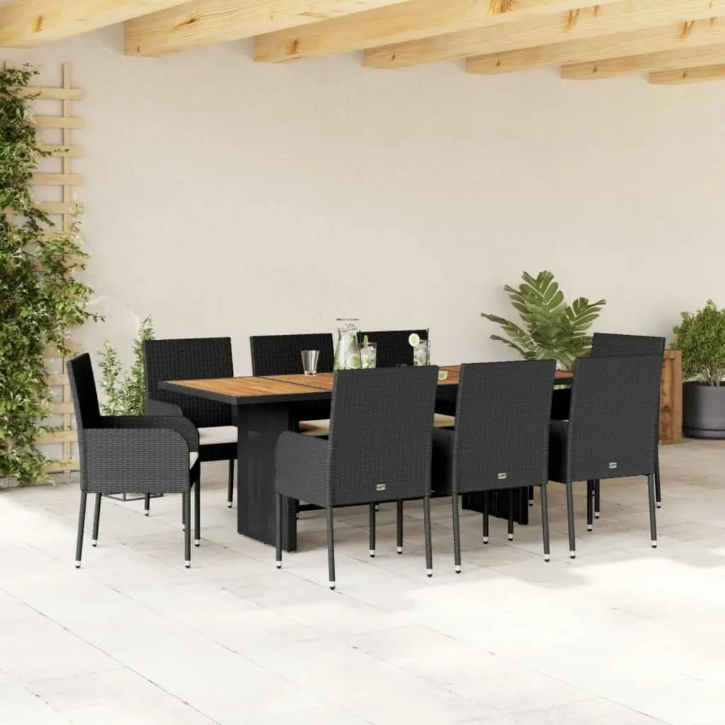 9 Piece Garden Dining Set with Cushions Black Poly Rattan 3213511