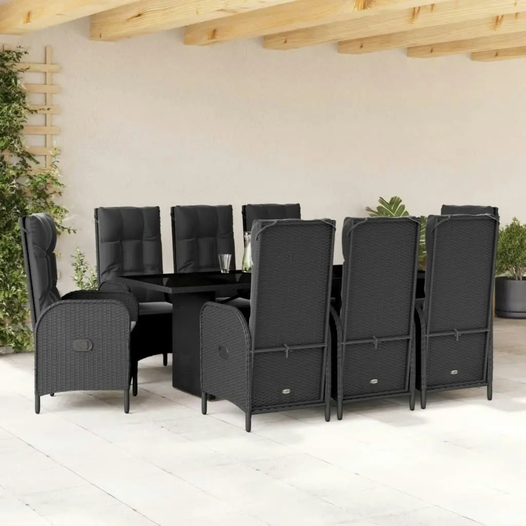 9 Piece Garden Dining Set with Cushions Black Poly Rattan 3213525