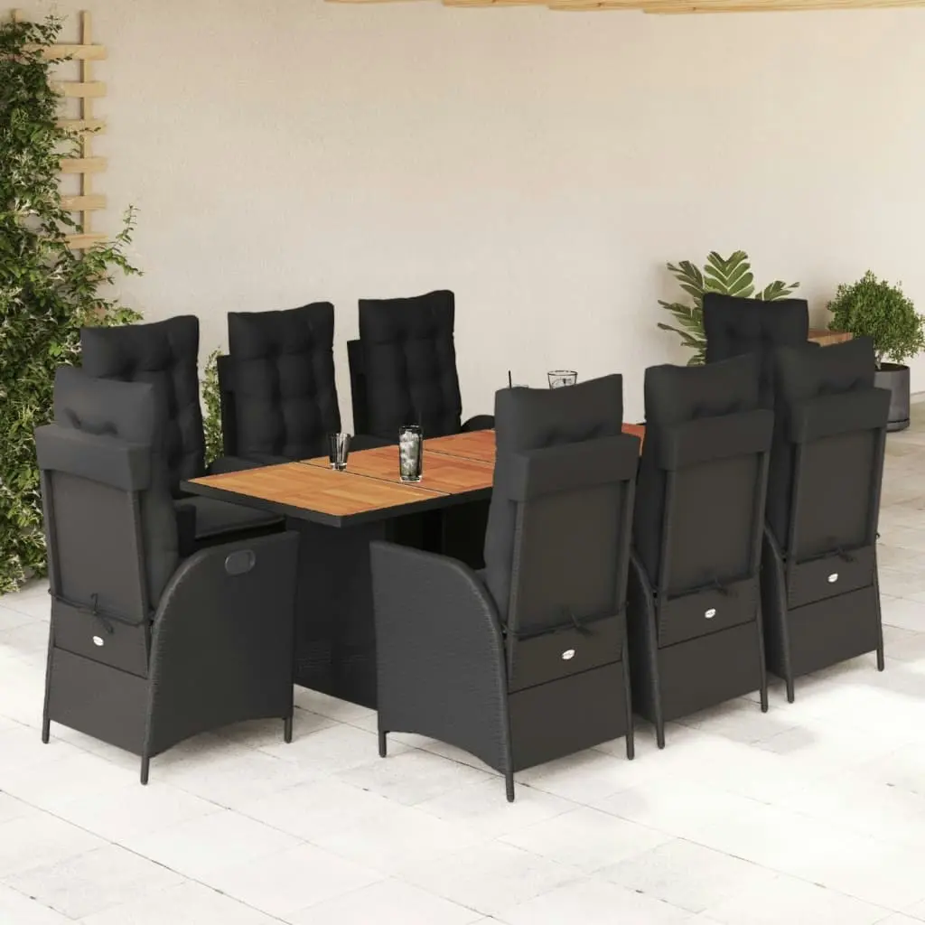 9 Piece Garden Dining Set with Cushions Black Poly Rattan 3213141