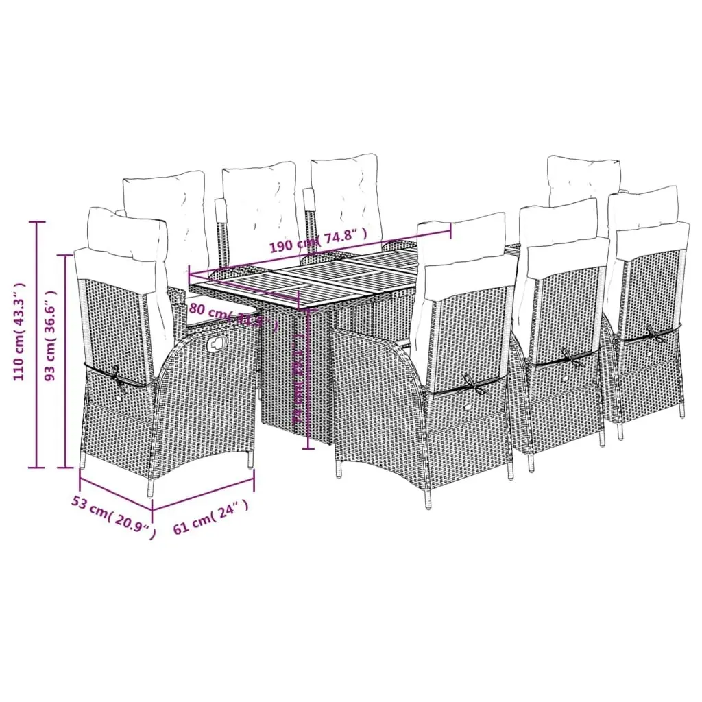 9 Piece Garden Dining Set with Cushions Black Poly Rattan 3213141