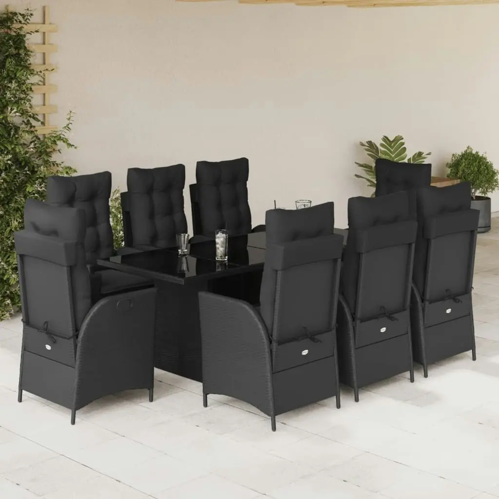 9 Piece Garden Dining Set with Cushions Black Poly Rattan 3213117