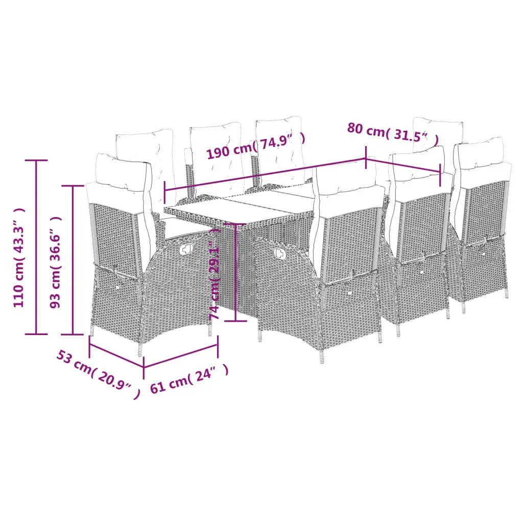 9 Piece Garden Dining Set with Cushions Black Poly Rattan 3213117