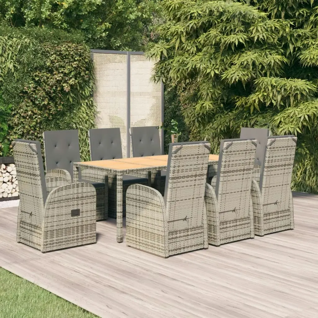 9 Piece Garden Dining Set with Cushions Grey Poly Rattan 3157589