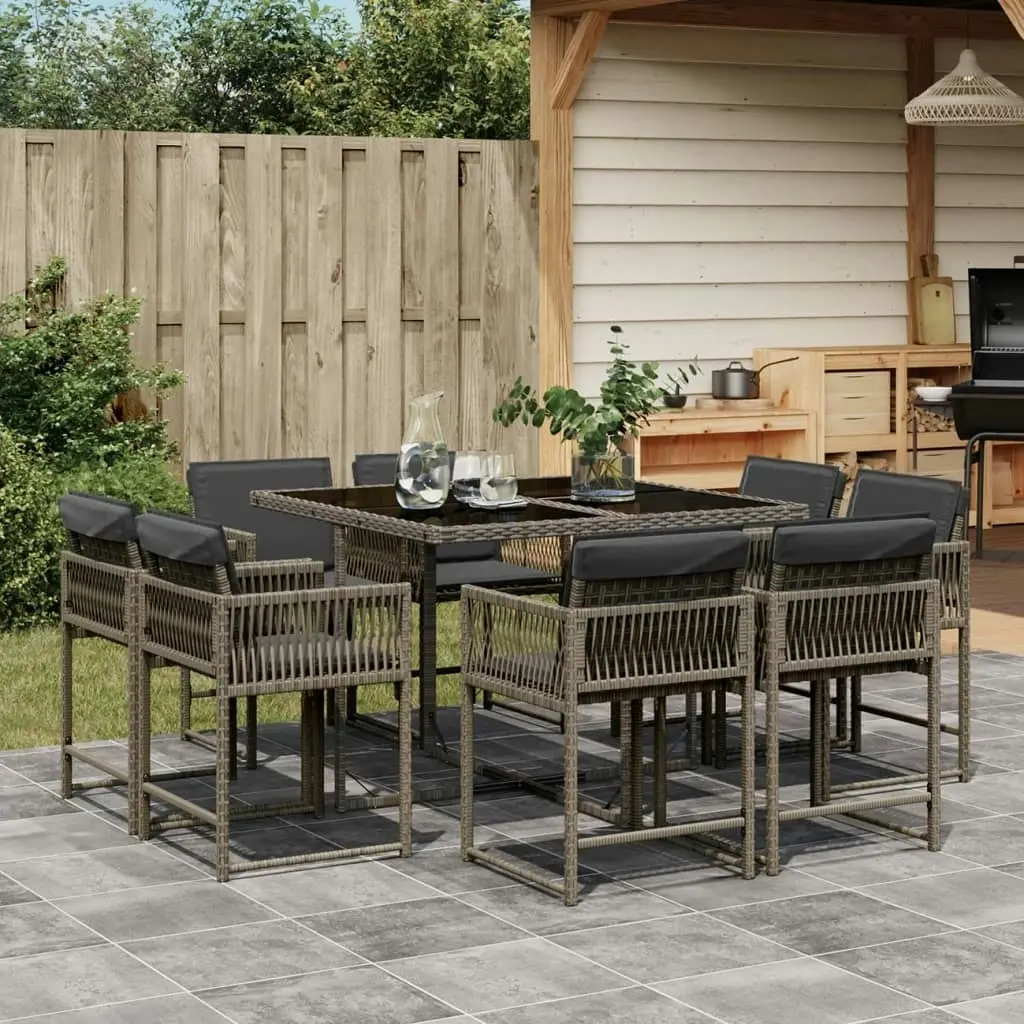 9 Piece Garden Dining Set with Cushions Grey Poly Rattan 3211556