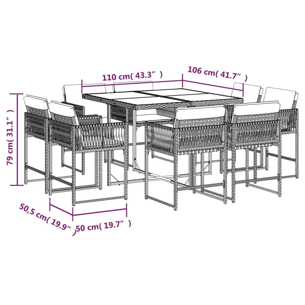 9 Piece Garden Dining Set with Cushions Grey Poly Rattan 3211556