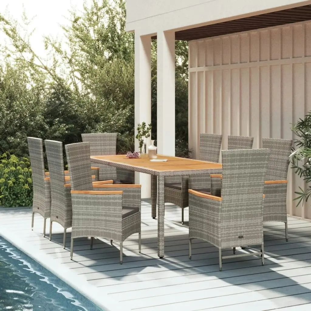 9 Piece Garden Dining Set with Cushions Grey  Poly Rattan 3157544