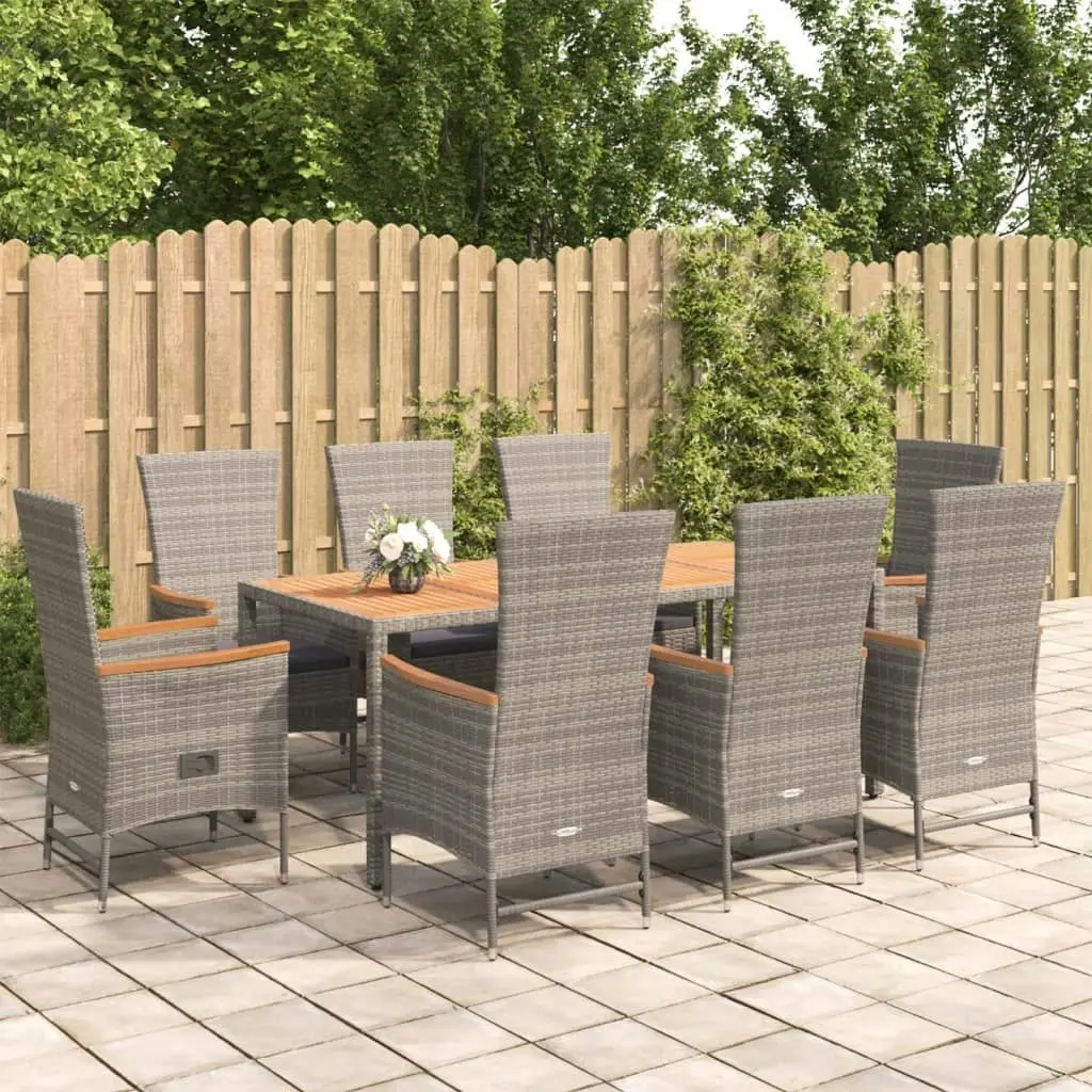 9 Piece Garden Dining Set with Cushions Grey Poly Rattan 3157553