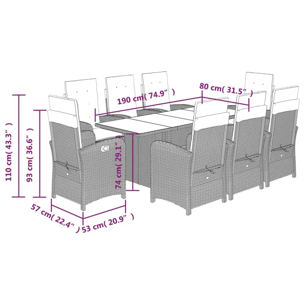 9 Piece Garden Dining Set with Cushions Grey Poly Rattan 3212259