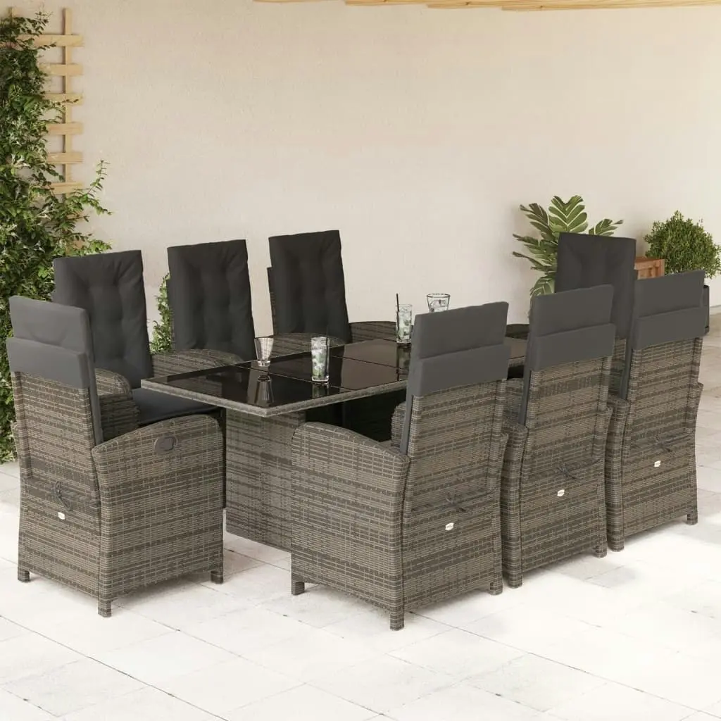 9 Piece Garden Dining Set with Cushions Grey Poly Rattan 3212259