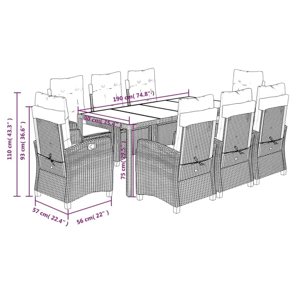 9 Piece Garden Dining Set with Cushions Grey Poly Rattan 3212652