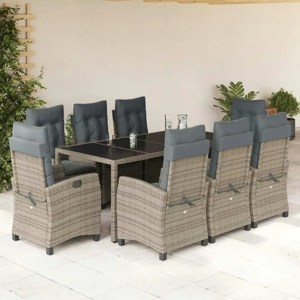 9 Piece Garden Dining Set with Cushions Grey Poly Rattan 3212652