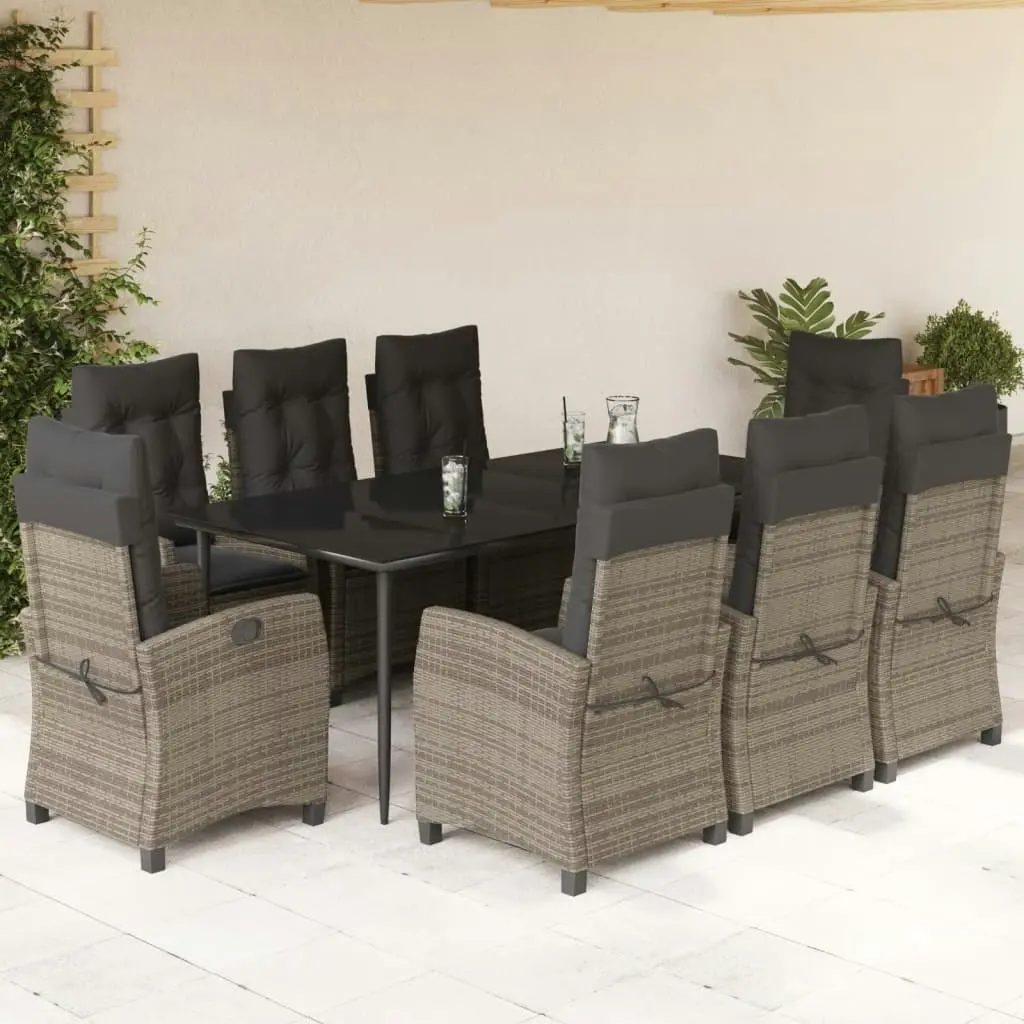 9 Piece Garden Dining Set with Cushions Grey Poly Rattan 3212791