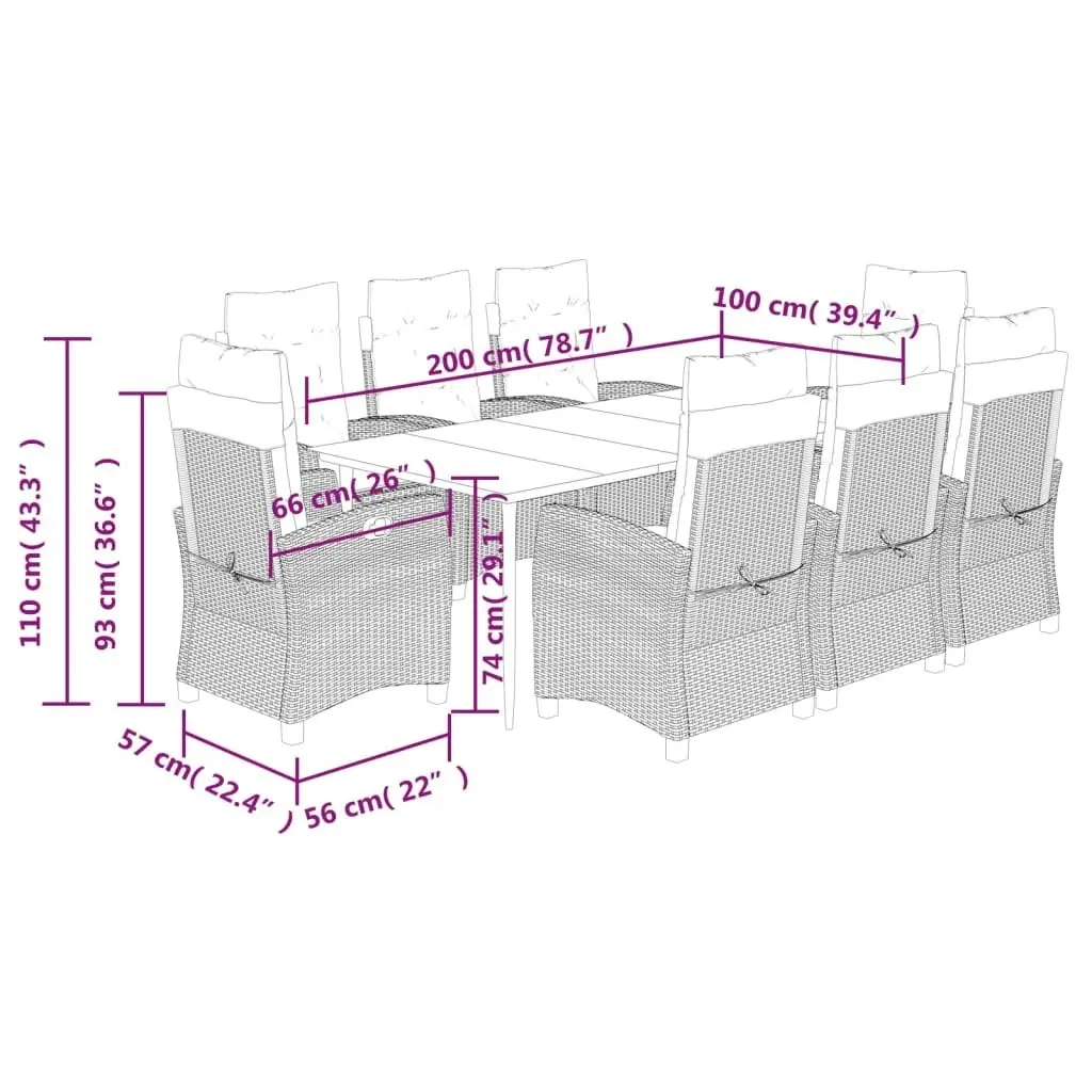 9 Piece Garden Dining Set with Cushions Grey Poly Rattan 3212791