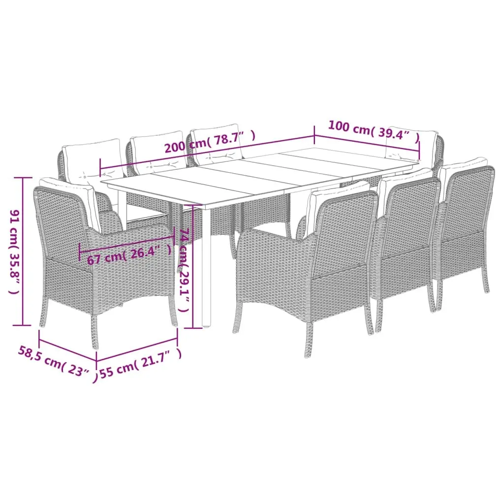 9 Piece Garden Dining Set with Cushions Grey Poly Rattan 3211961