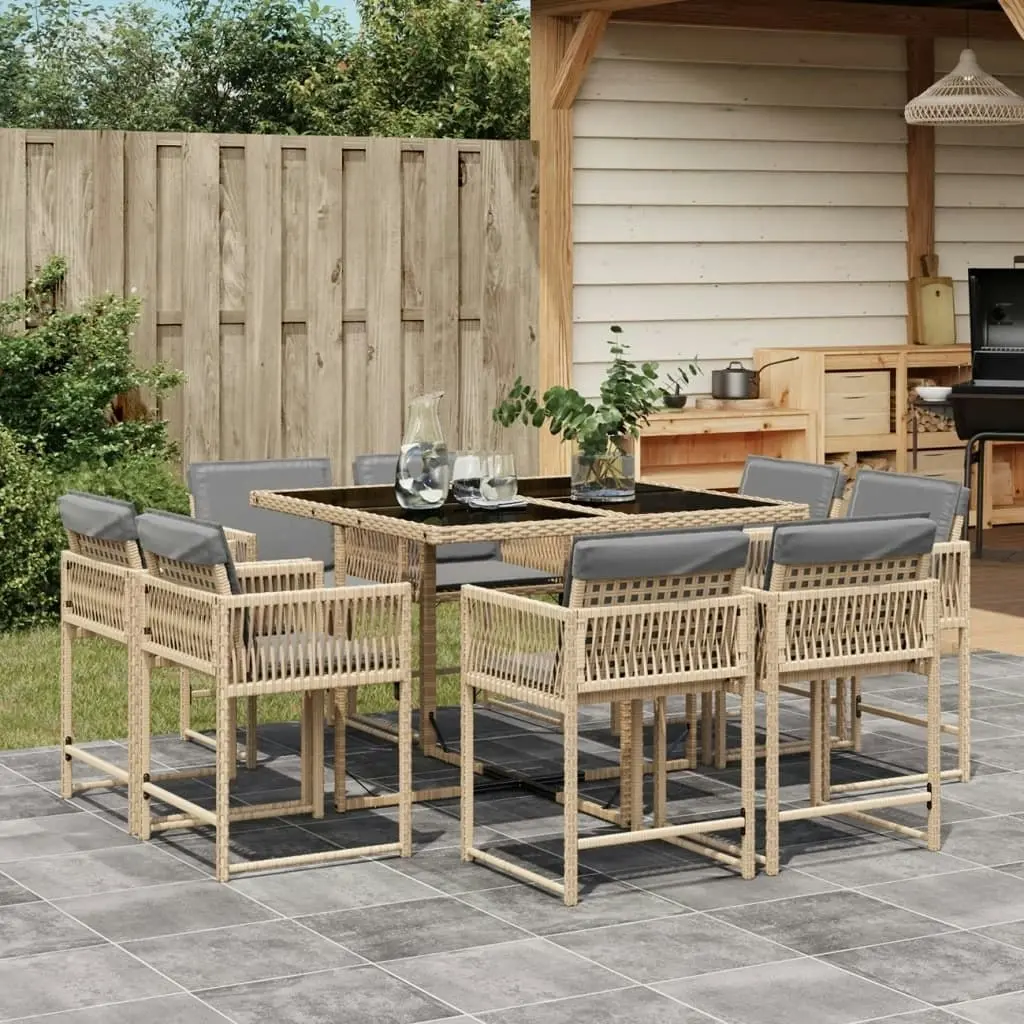 9 Piece Garden Dining Set with Cushions Mix Beige Poly Rattan 3211560