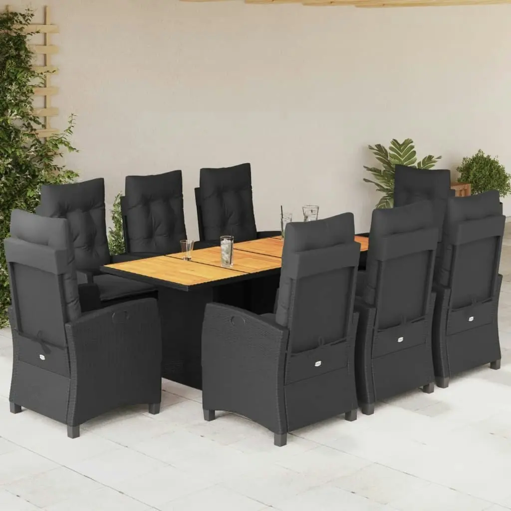 9 Piece Garden Dining Set with Cushions Black Poly Rattan 3212709