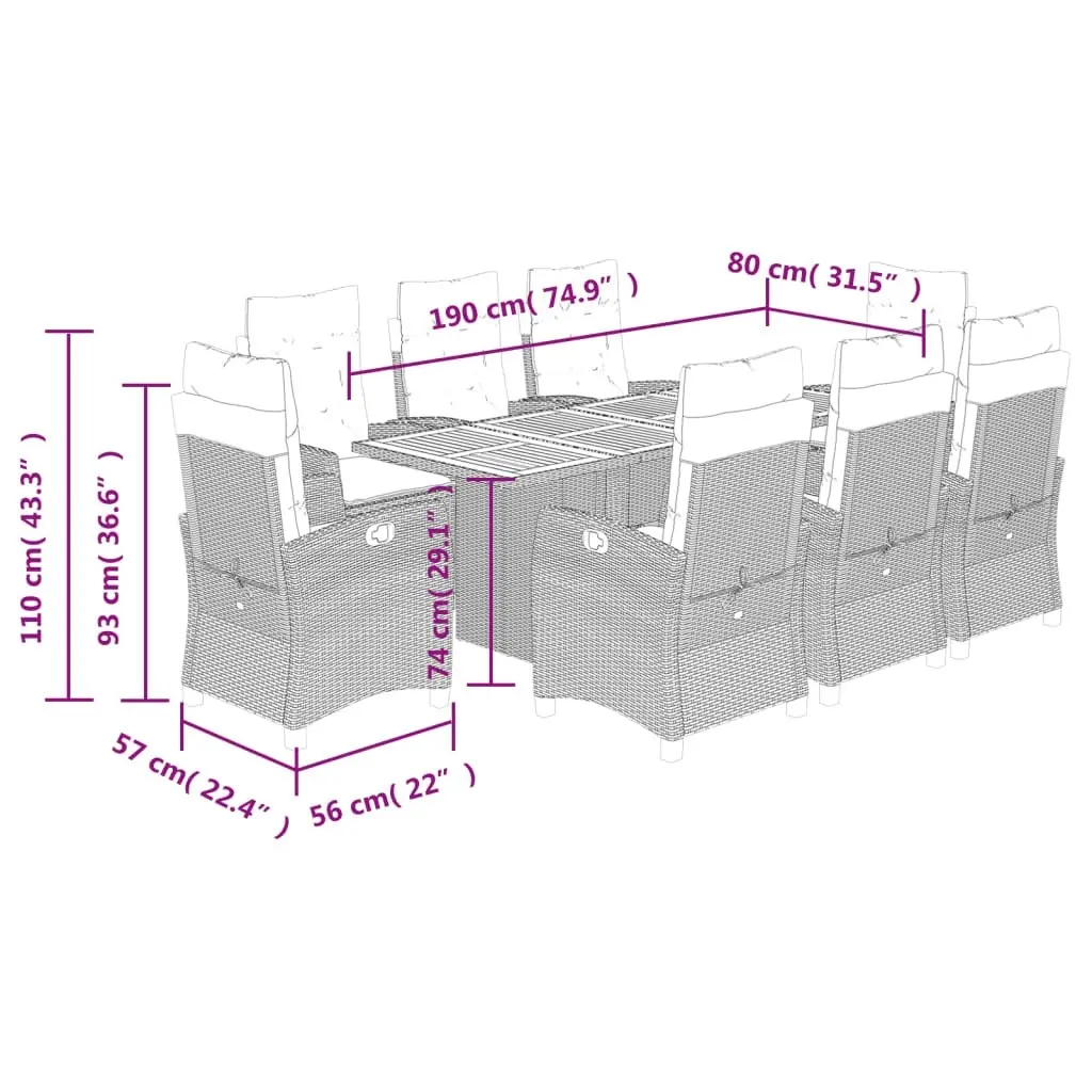 9 Piece Garden Dining Set with Cushions Black Poly Rattan 3212709