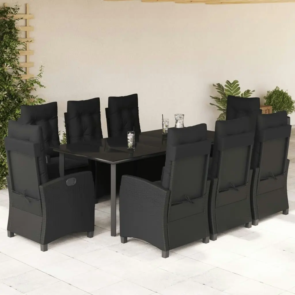 9 Piece Garden Dining Set with Cushions Black Poly Rattan 3212761