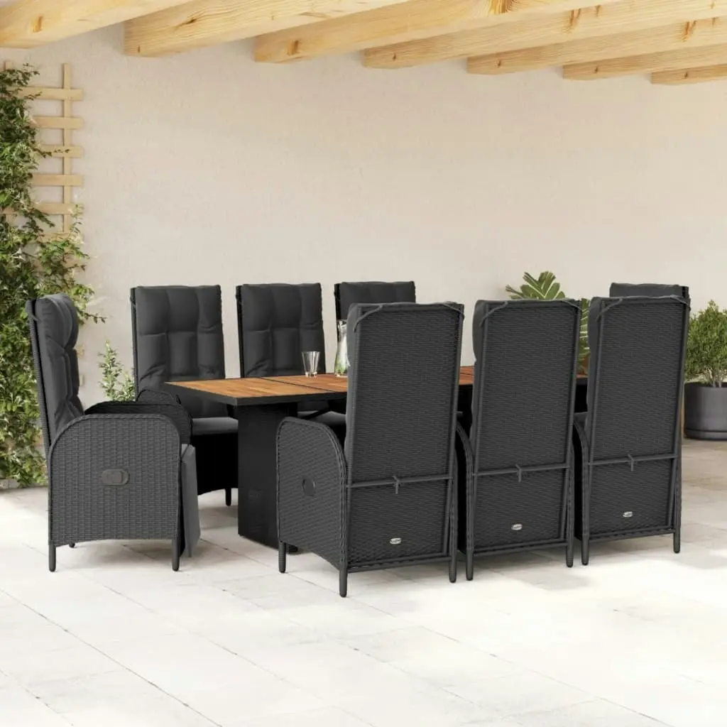 9 Piece Garden Dining Set with Cushions Black Poly Rattan 3213516