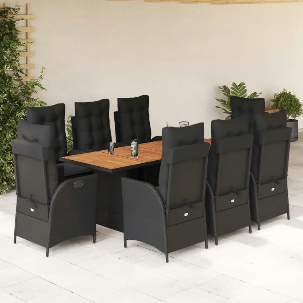 9 Piece Garden Dining Set with Cushions Black Poly Rattan 3213140