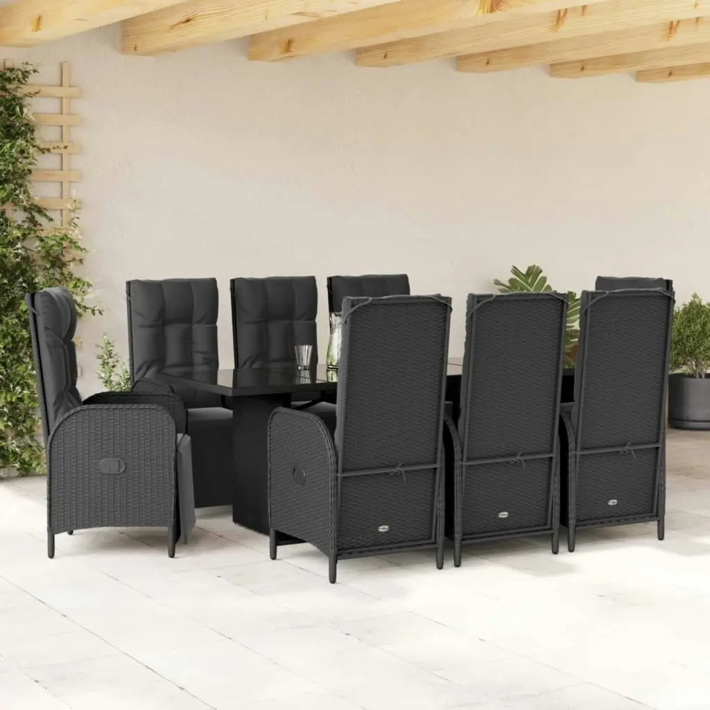 9 Piece Garden Dining Set with Cushions Black Poly Rattan 3213531