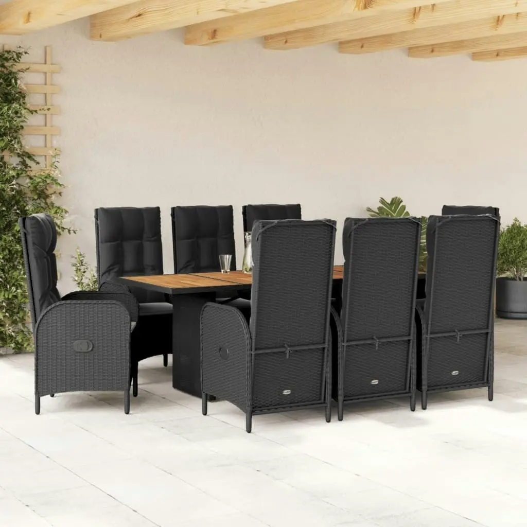 9 Piece Garden Dining Set with Cushions Black Poly Rattan 3213515