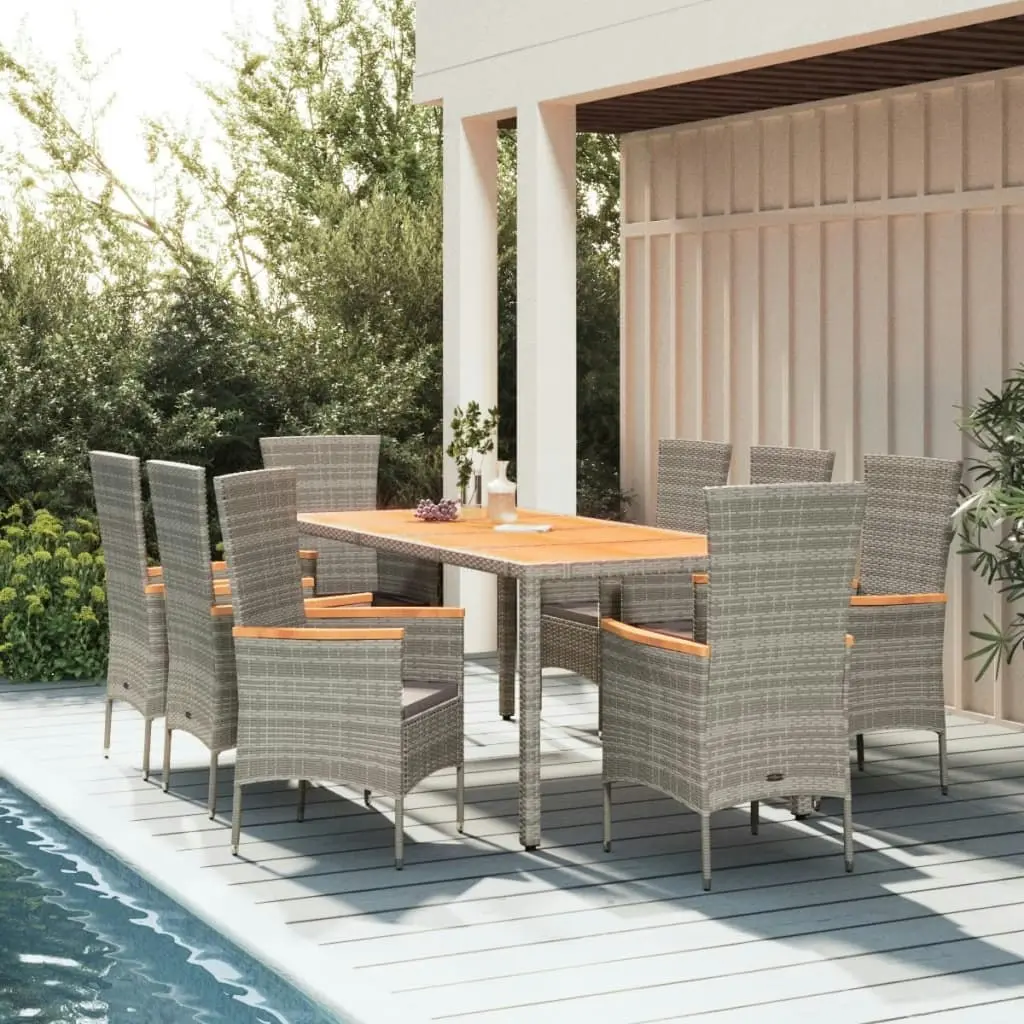 9 Piece Garden Dining Set with Cushions Grey Poly Rattan 3157543