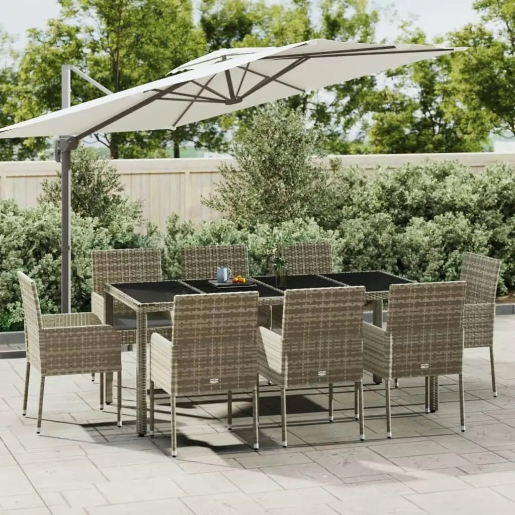 9 Piece Garden Dining Set with Cushions Grey Poly Rattan 3185010