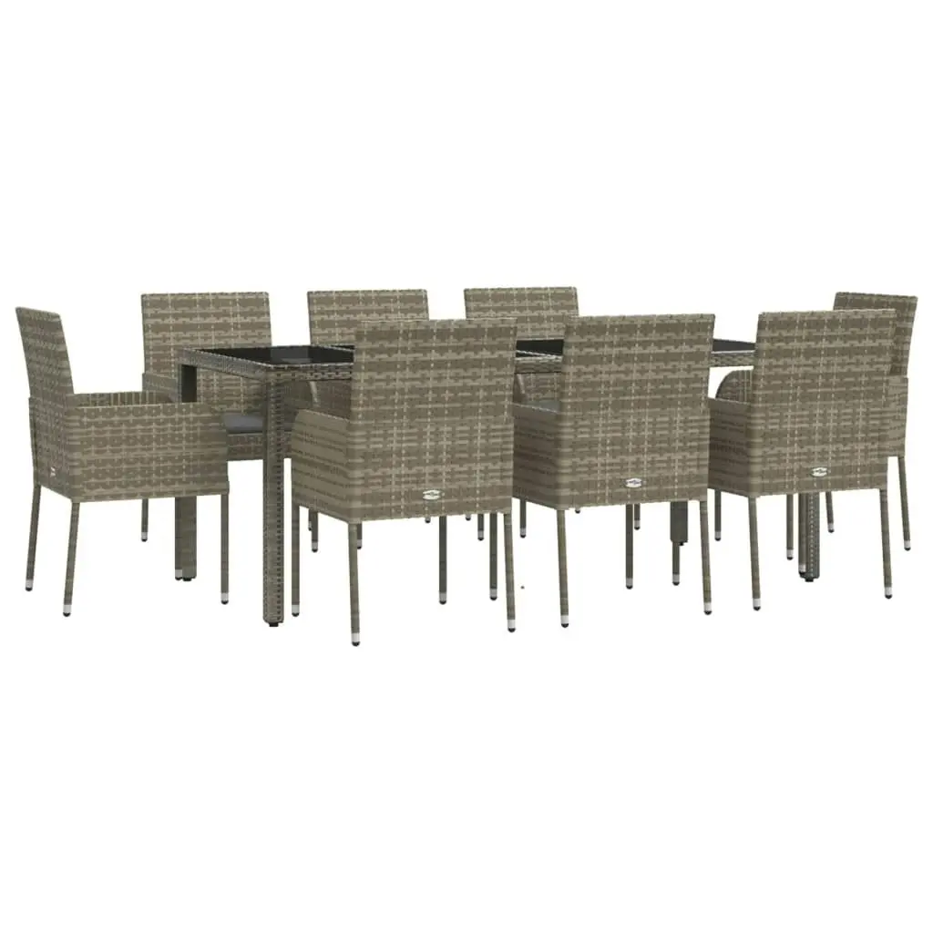 9 Piece Garden Dining Set with Cushions Grey Poly Rattan 3185010