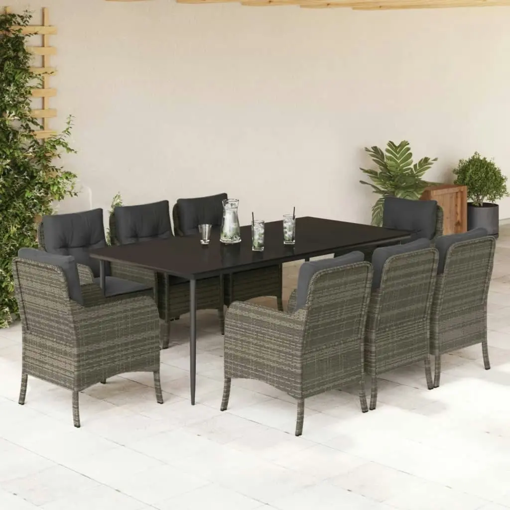 9 Piece Garden Dining Set with Cushions Grey Poly Rattan 3211954