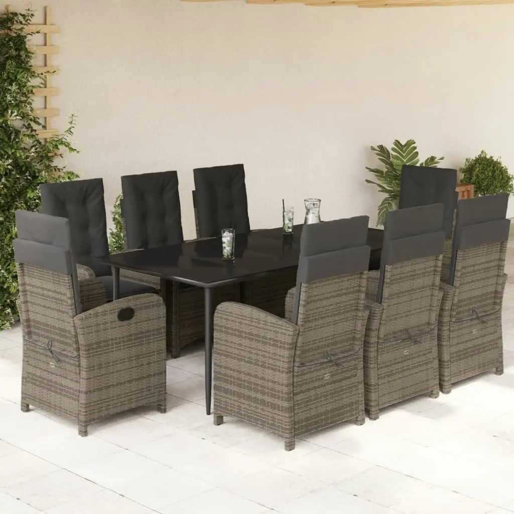 9 Piece Garden Dining Set with Cushions Grey Poly Rattan 3212359