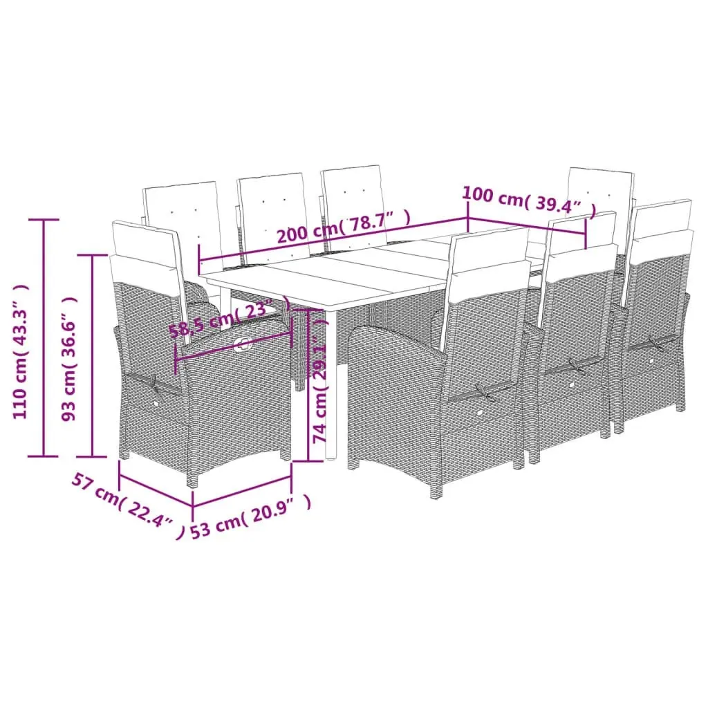 9 Piece Garden Dining Set with Cushions Grey Poly Rattan 3212369