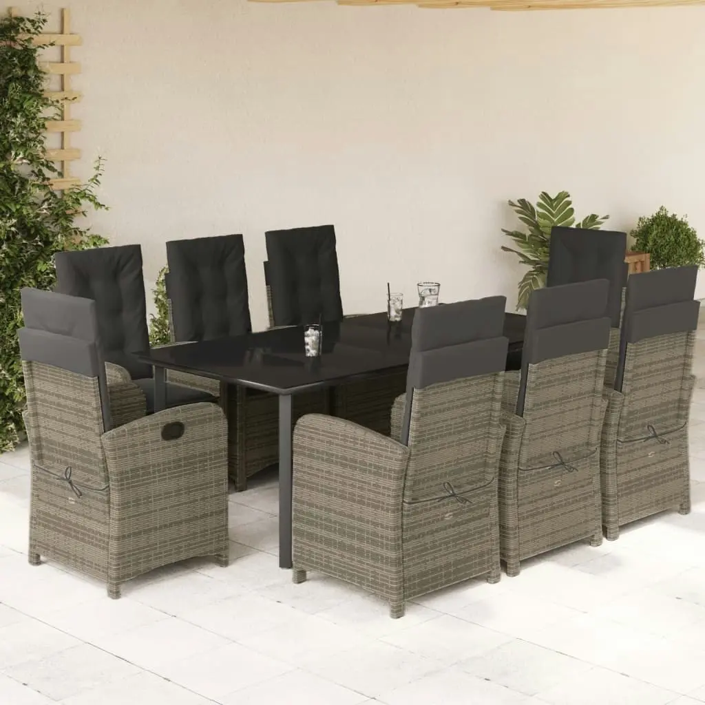 9 Piece Garden Dining Set with Cushions Grey Poly Rattan 3212369