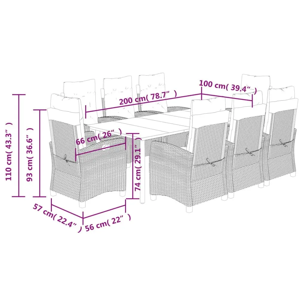 9 Piece Garden Dining Set with Cushions Grey Poly Rattan 3212801