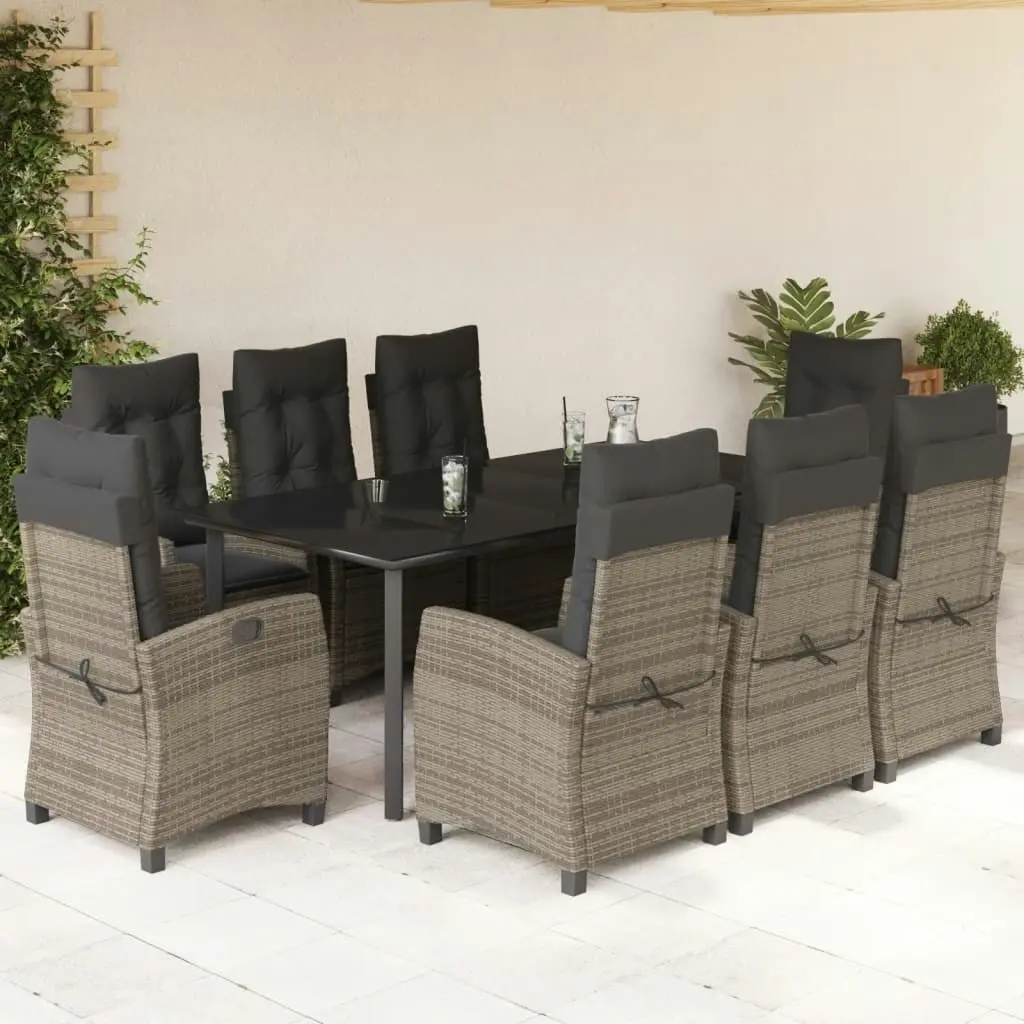 9 Piece Garden Dining Set with Cushions Grey Poly Rattan 3212801