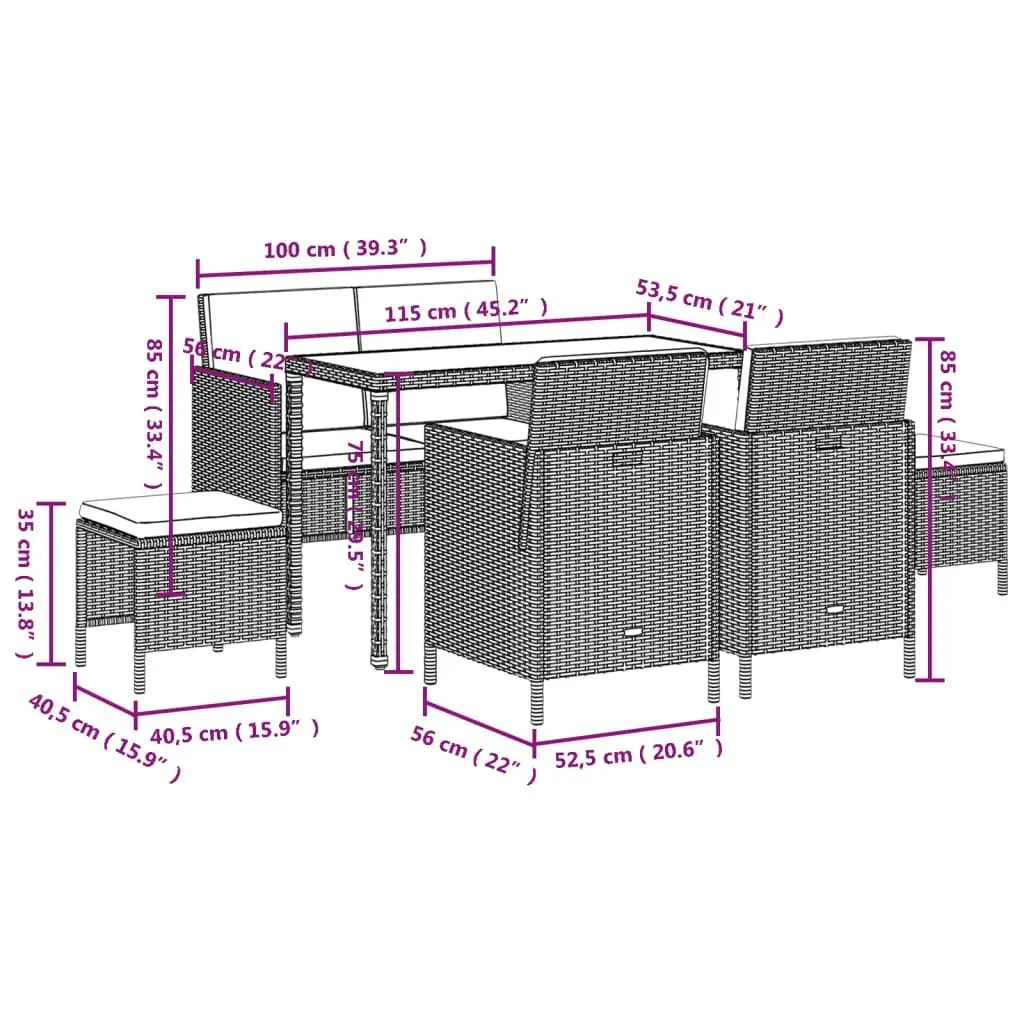 6 Piece Garden Dining Set with Cushions Grey Poly Rattan 363397