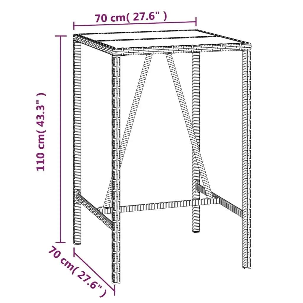 Bar Table with Glass Top Black 70x70x110 cm Poly Rattan 362586